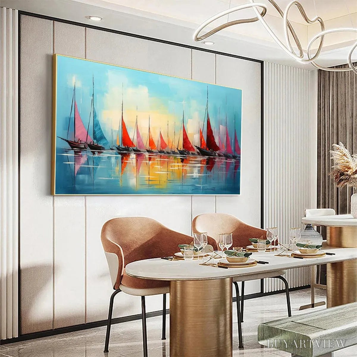 BUYARTVIEW Regatta At Dawn – Panoramic Sailboat Painting, Colorful Sunrise - image 2