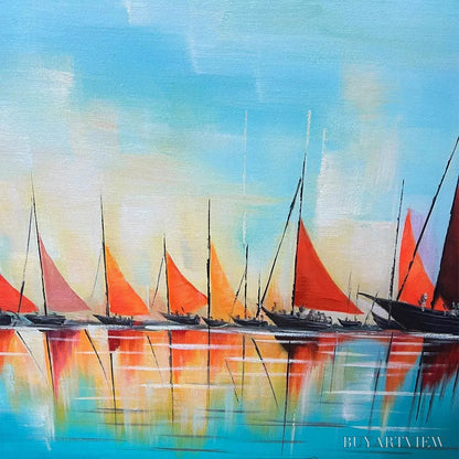 BUYARTVIEW Regatta At Dawn – Panoramic Sailboat Painting, Colorful Sunrise - image 3