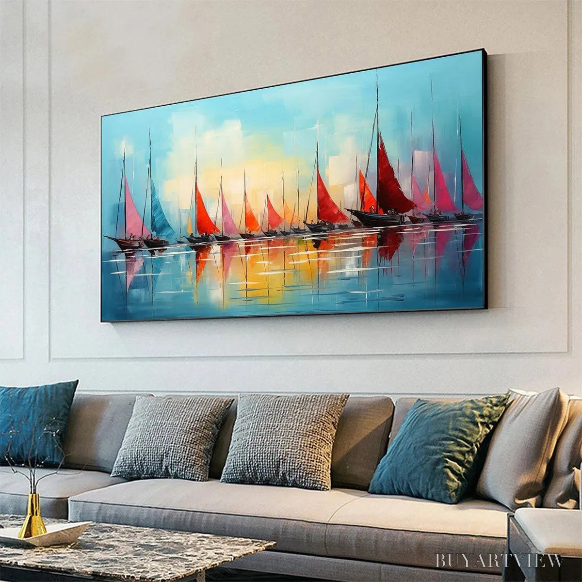 BUYARTVIEW Regatta At Dawn – Panoramic Sailboat Painting, Colorful Sunrise - image 4