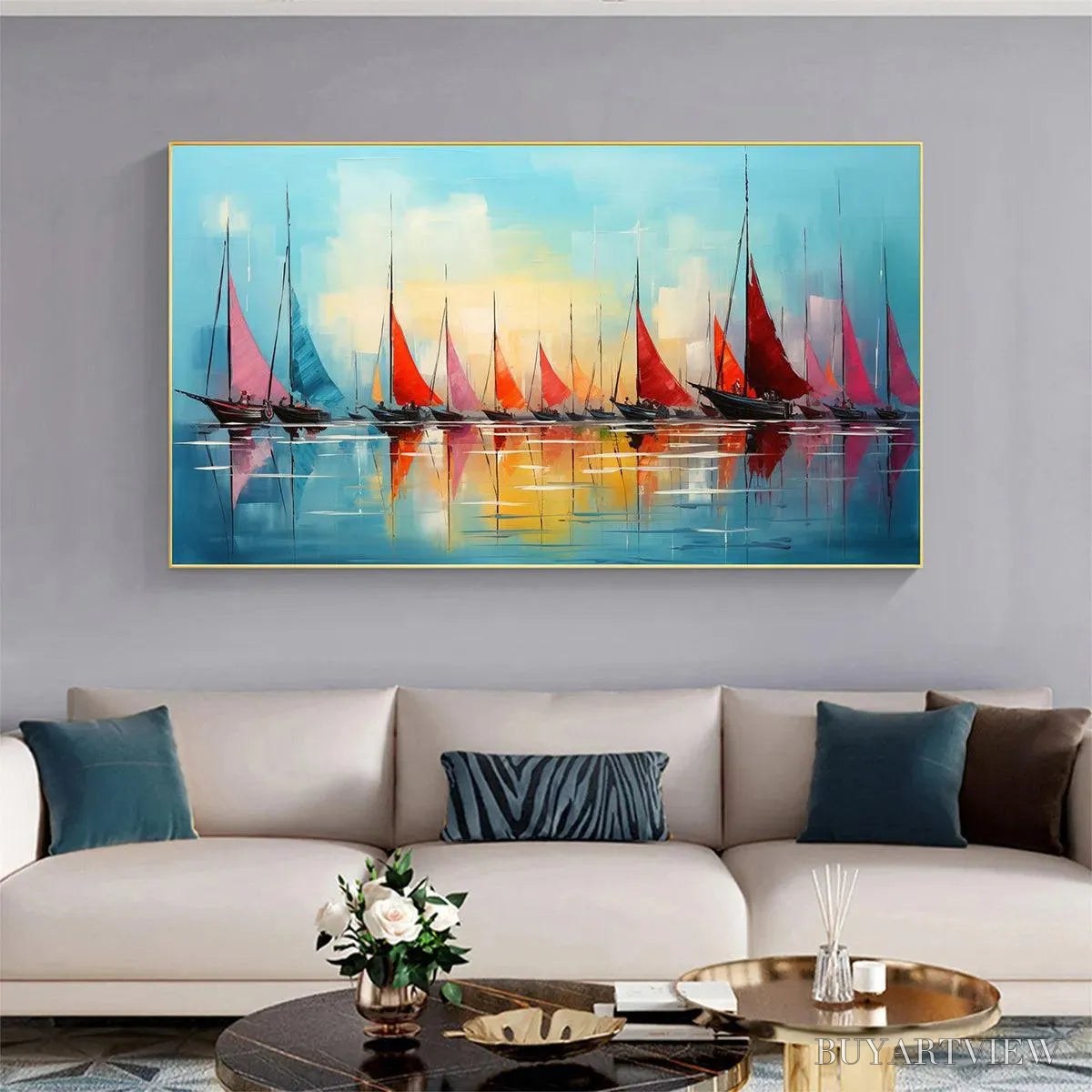 BUYARTVIEW Regatta At Dawn – Panoramic Sailboat Painting, Colorful Sunrise - image 5