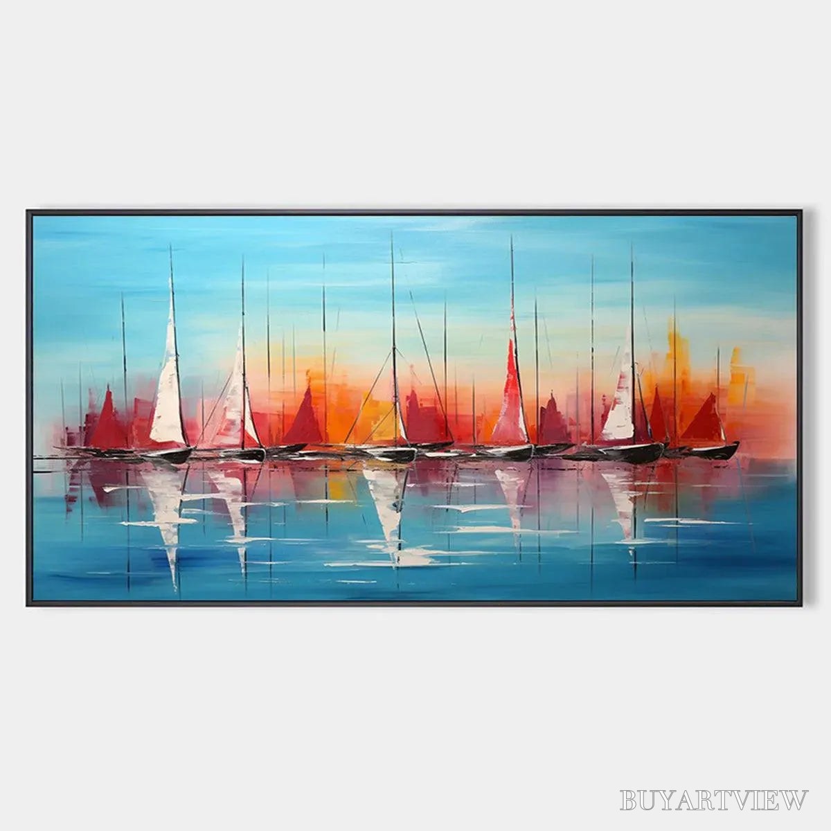BUYARTVIEW Harbor Sunset – Panoramic Sailboat Painting, Colorful Sunset - image 1