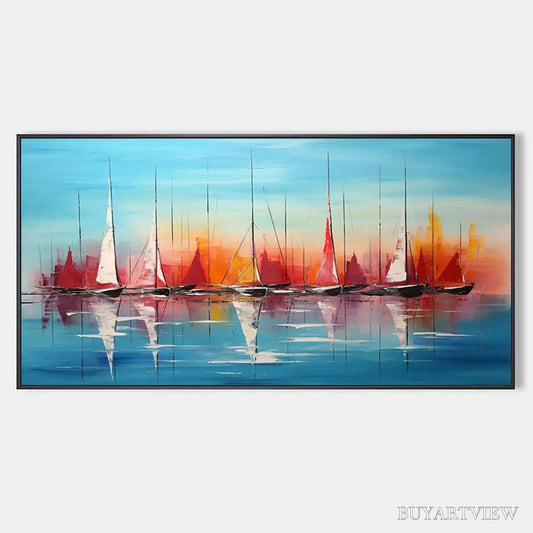 BUYARTVIEW Harbor Sunset – Panoramic Sailboat Painting, Colorful Sunset - image 1