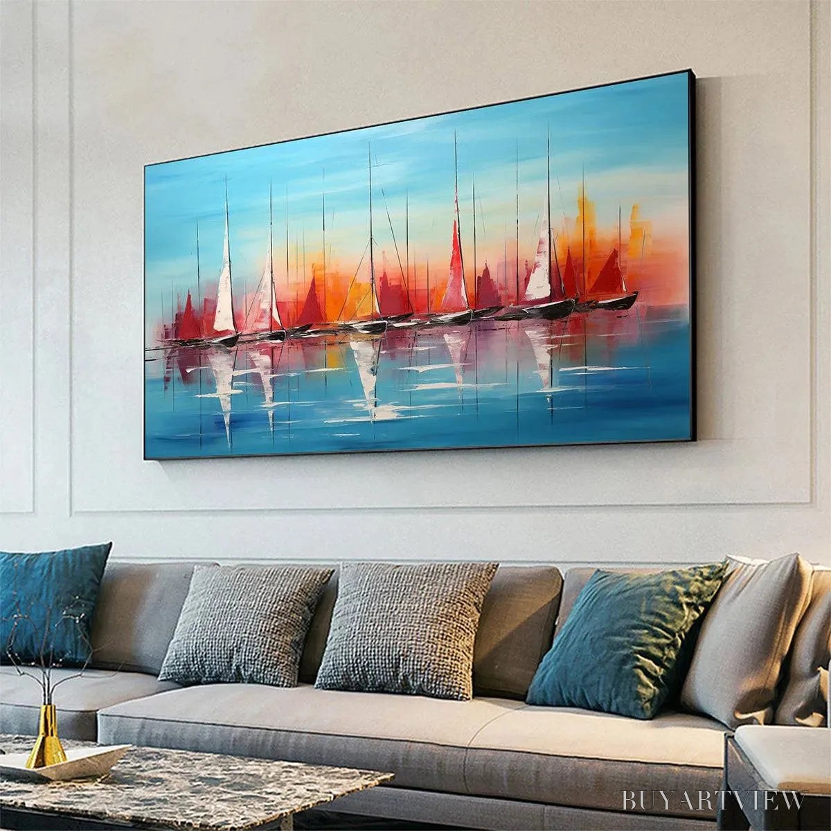 BUYARTVIEW Harbor Sunset – Panoramic Sailboat Painting, Colorful Sunset - image 2
