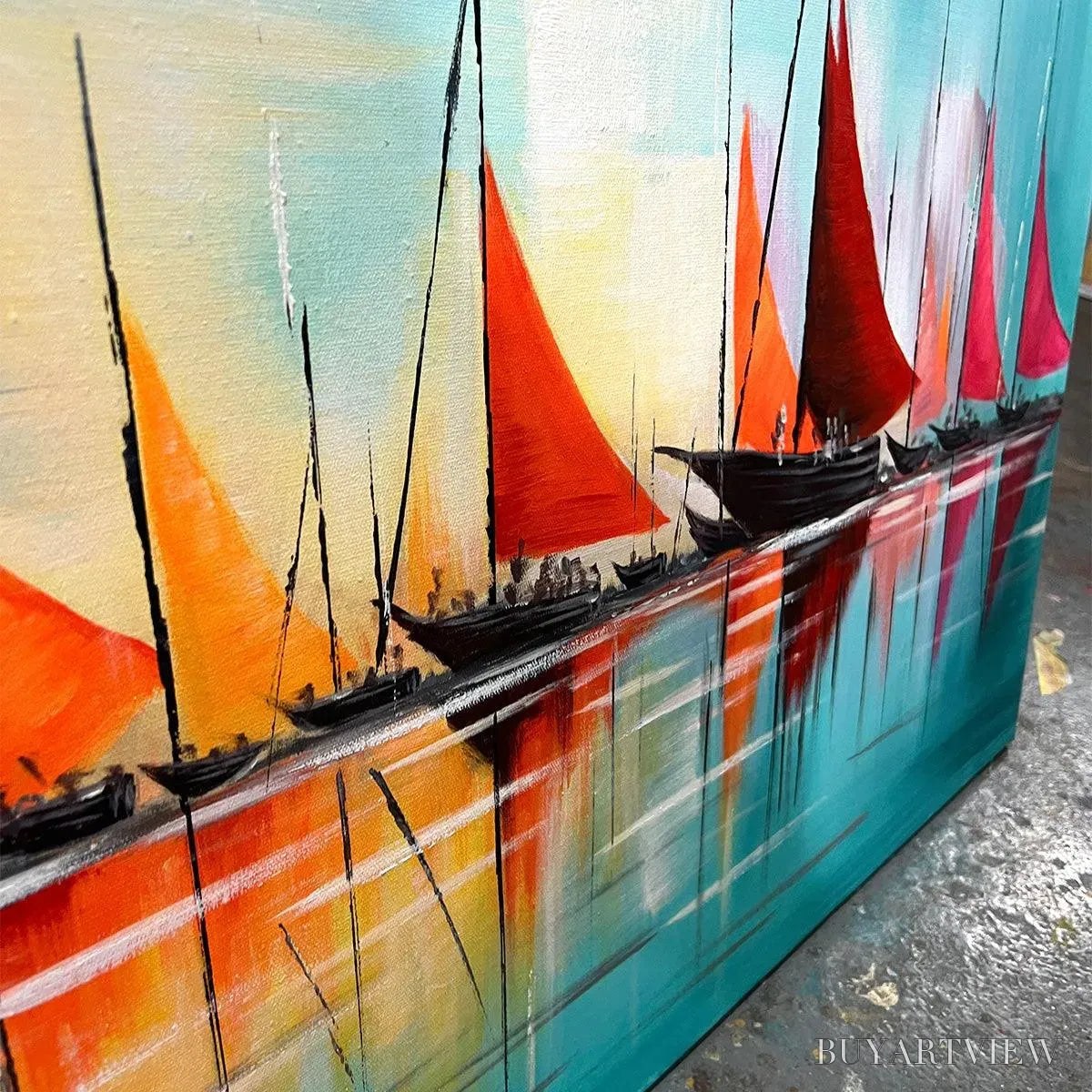 BUYARTVIEW Harbor Sunset – Panoramic Sailboat Painting, Colorful Sunset - image 3