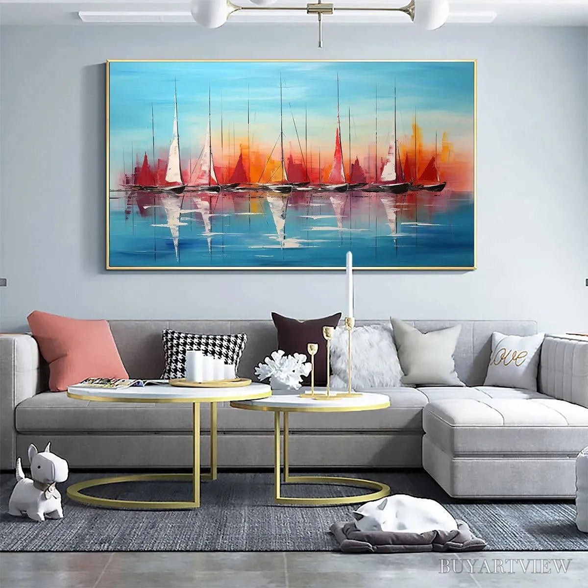 BUYARTVIEW Harbor Sunset – Panoramic Sailboat Painting, Colorful Sunset - image 4