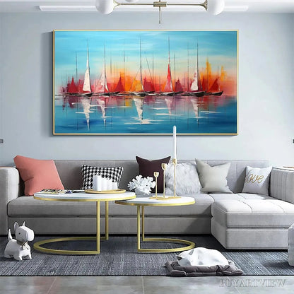 BUYARTVIEW Harbor Sunset – Panoramic Sailboat Painting, Colorful Sunset - image 4