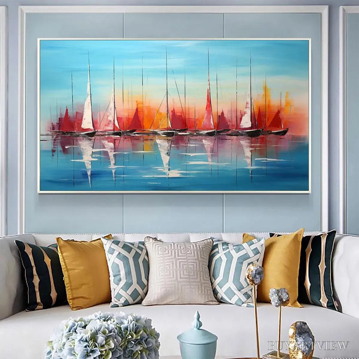 BUYARTVIEW Harbor Sunset – Panoramic Sailboat Painting, Colorful Sunset - image 6
