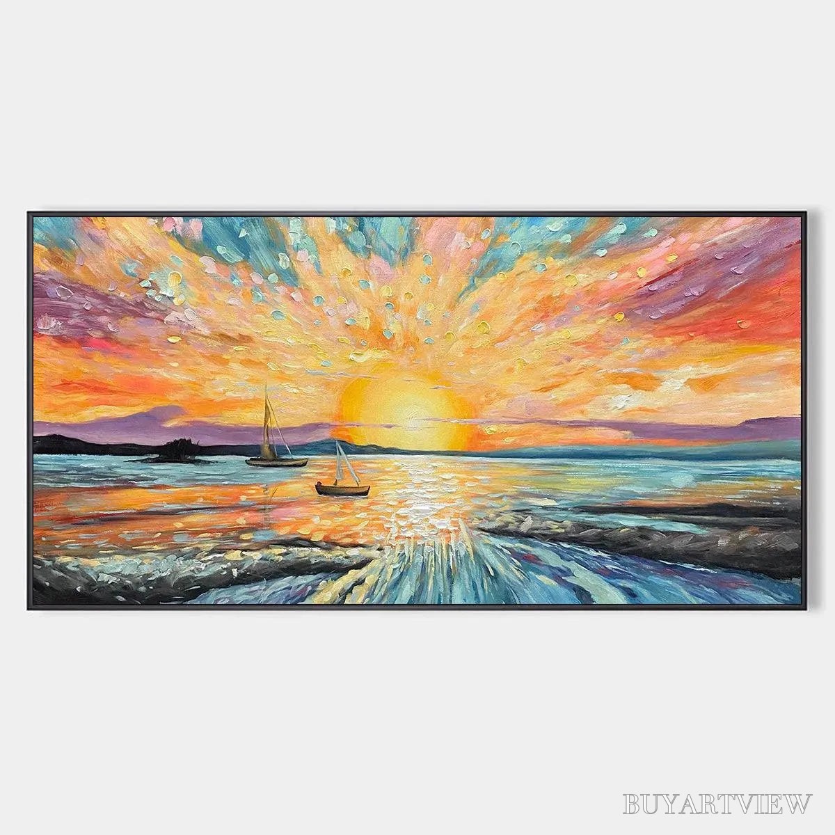 BUYARTVIEW Sailing At Sunset – Vibrant Seascape Painting, Panoramic Canvas, Coastal - image 1