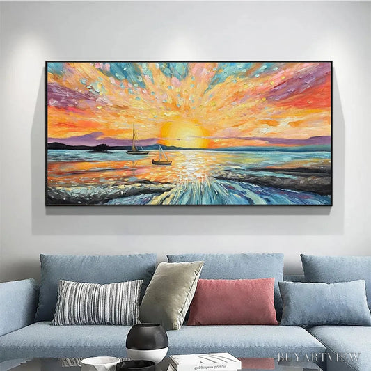 BUYARTVIEW Sailing At Sunset – Vibrant Seascape Painting, Panoramic Canvas, Coastal - image 2