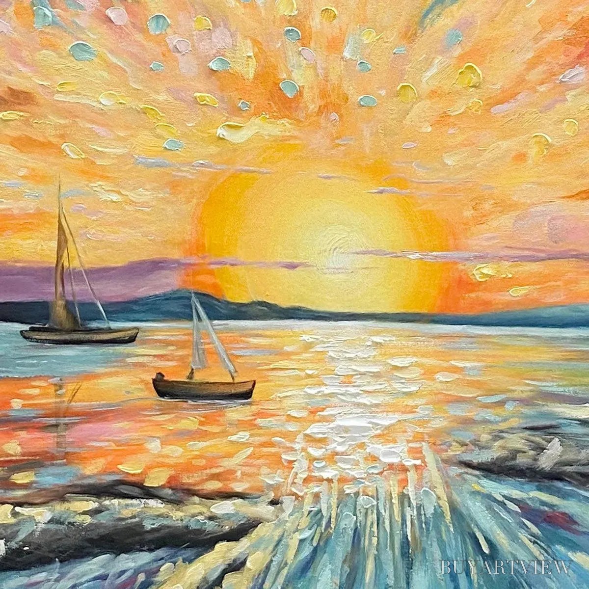BUYARTVIEW Sailing At Sunset – Vibrant Seascape Painting, Panoramic Canvas, Coastal - image 3