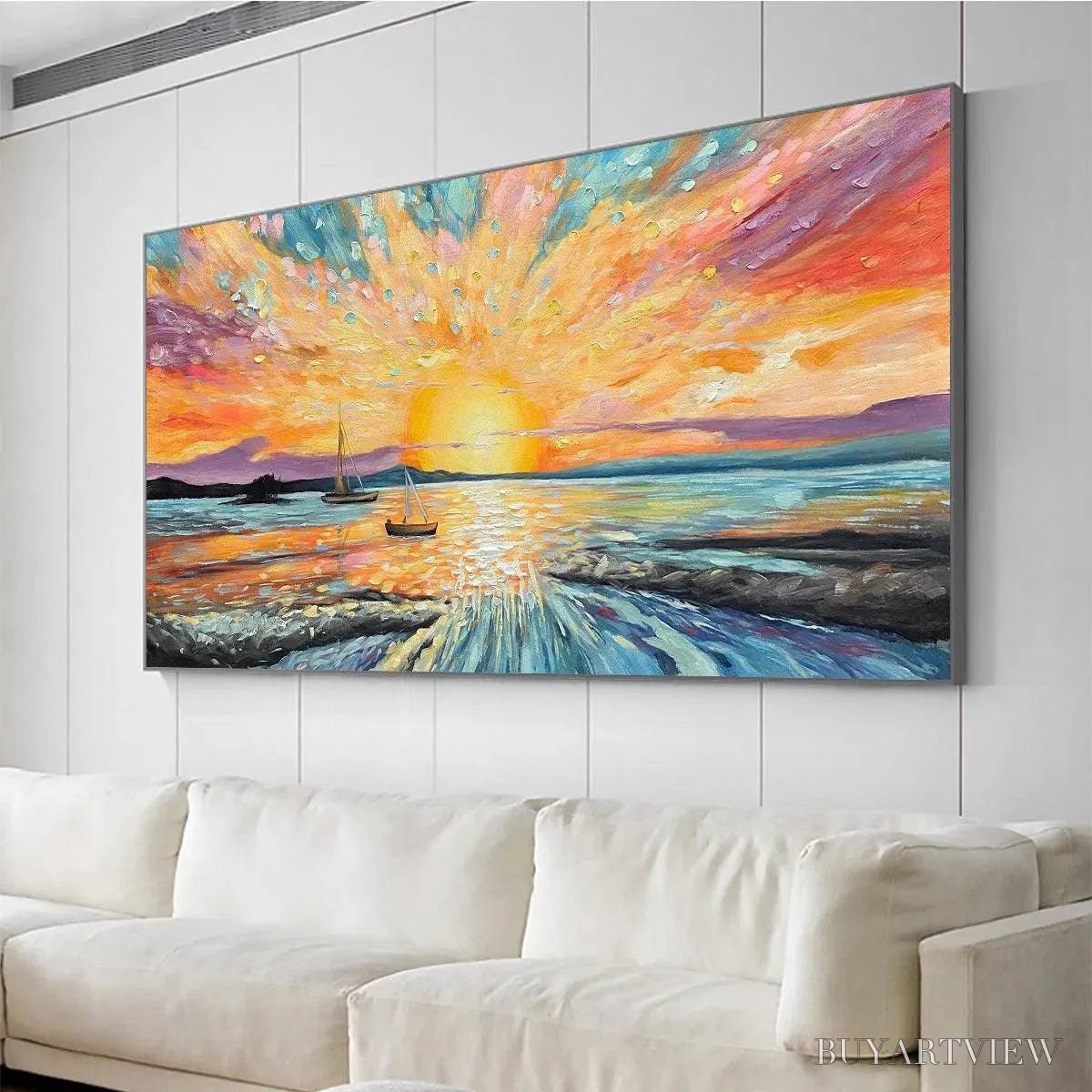 BUYARTVIEW Sailing At Sunset – Vibrant Seascape Painting, Panoramic Canvas, Coastal - image 6