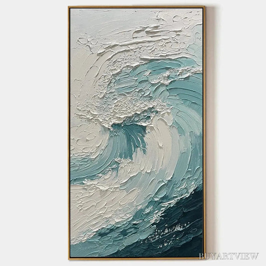 BUYARTVIEW Aquamarine Crest – Textured Ocean Wave Painting, Vertical Canvas, Coastal - image 1