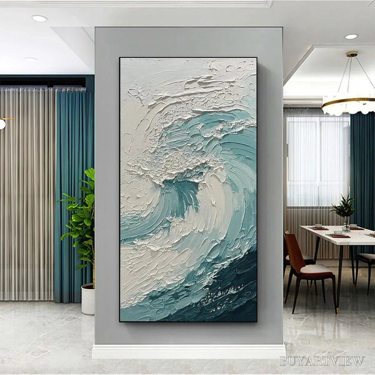 BUYARTVIEW Aquamarine Crest – Textured Ocean Wave Painting, Vertical Canvas, Coastal - image 2