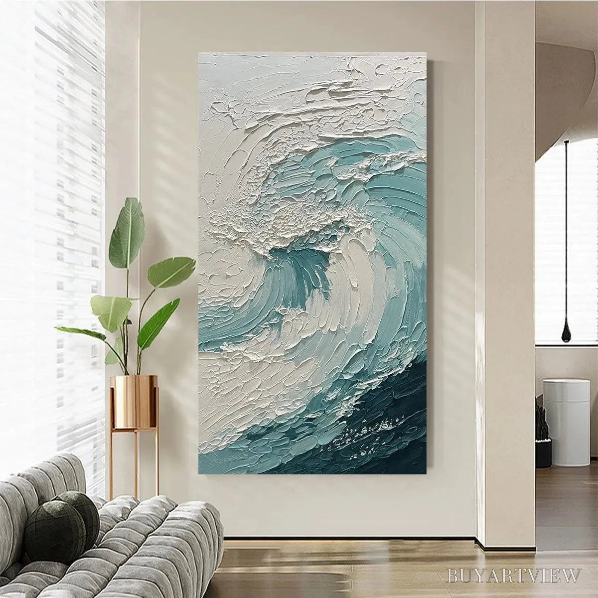 BUYARTVIEW Aquamarine Crest – Textured Ocean Wave Painting, Vertical Canvas, Coastal - image 5