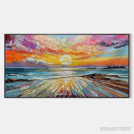 BUYARTVIEW Colorful Seascape Oil Painting - Vibrant Sunset Art - image 1