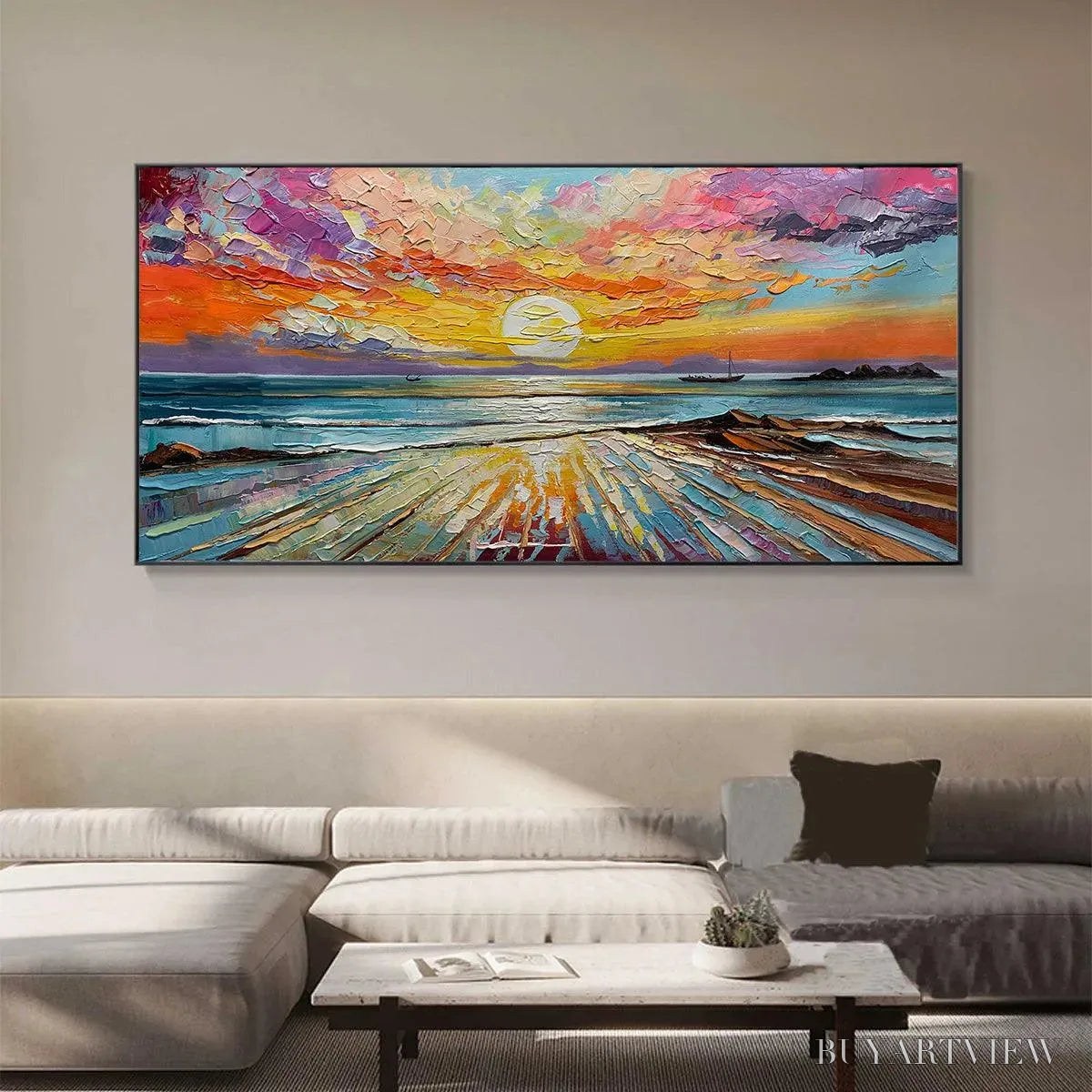 BUYARTVIEW Colorful Seascape Oil Painting - Vibrant Sunset Art - image 4