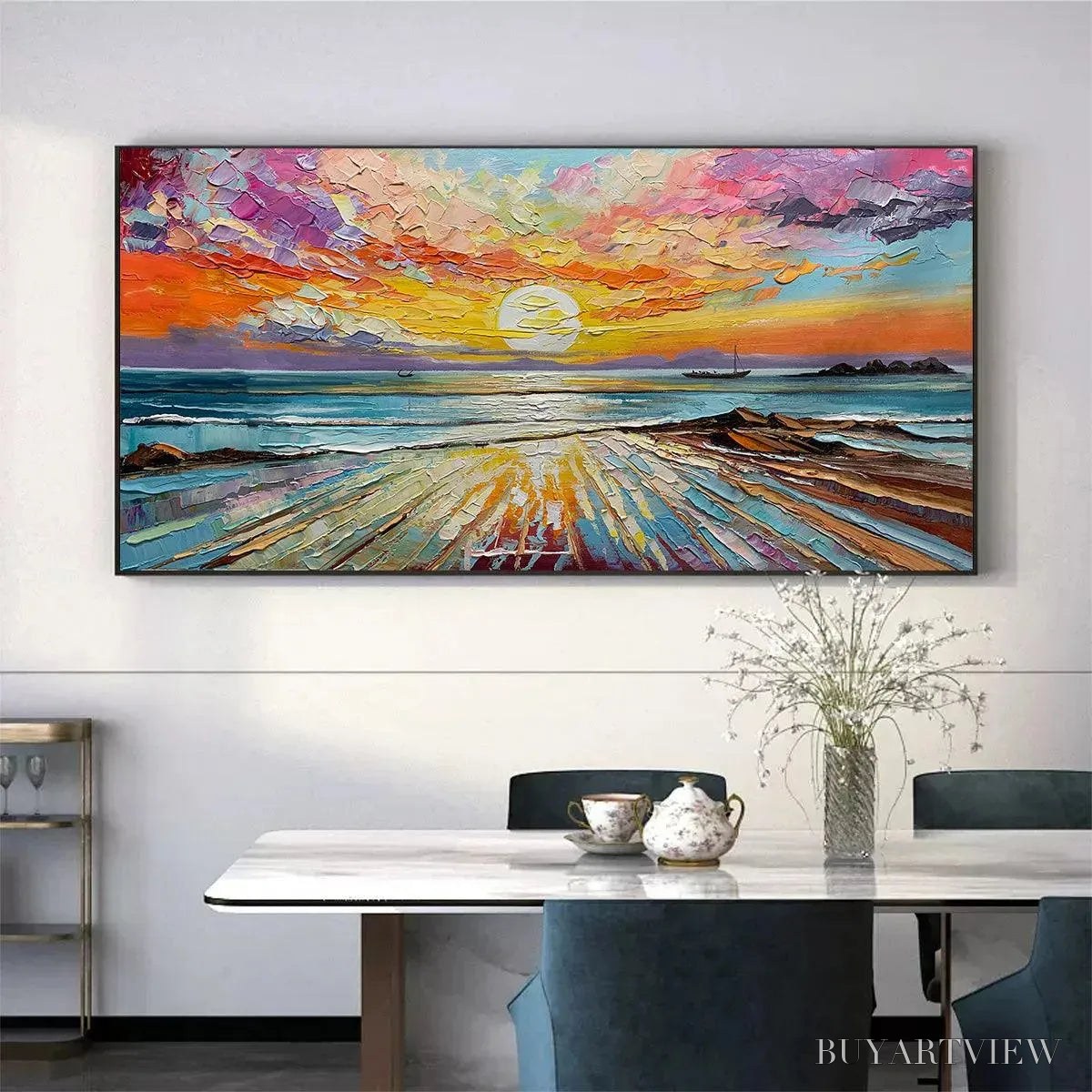 BUYARTVIEW Colorful Seascape Oil Painting - Vibrant Sunset Art - image 5