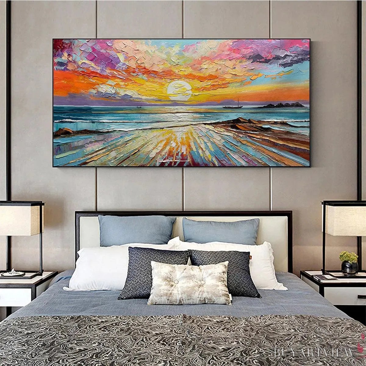 BUYARTVIEW Colorful Seascape Oil Painting - Vibrant Sunset Art - image 6