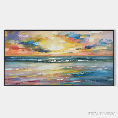BUYARTVIEW Seaside Sunset Serenade – Ocean Painting, Impasto Texture, Sunset Beach, Panoramic , Horizontal Canvas - image 1
