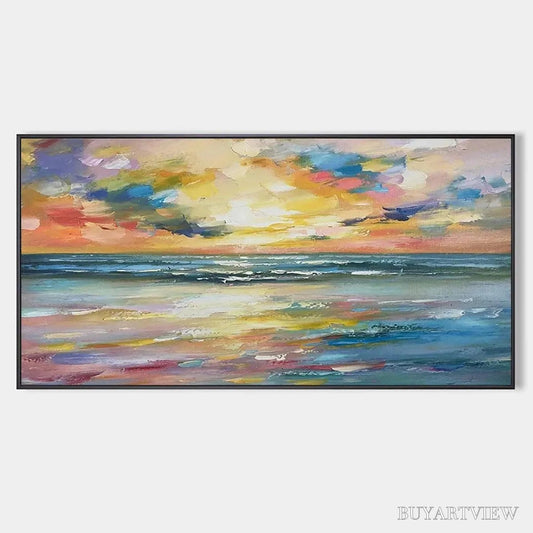 BUYARTVIEW Seaside Sunset Serenade – Ocean Painting, Impasto Texture, Sunset Beach, Panoramic , Horizontal Canvas - image 1