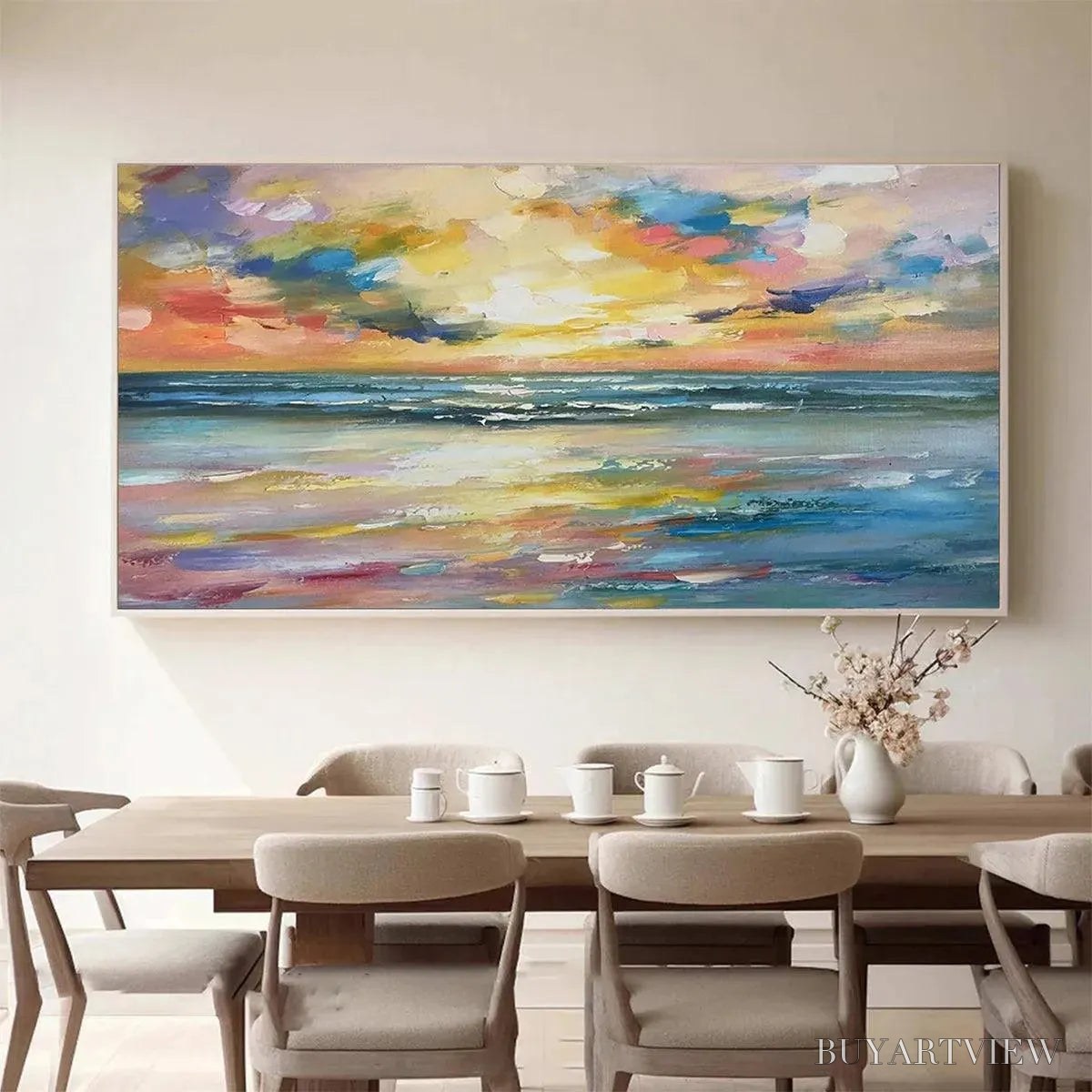 BUYARTVIEW Seaside Sunset Serenade – Ocean Painting, Impasto Texture, Sunset Beach, Panoramic , Horizontal Canvas - image 2