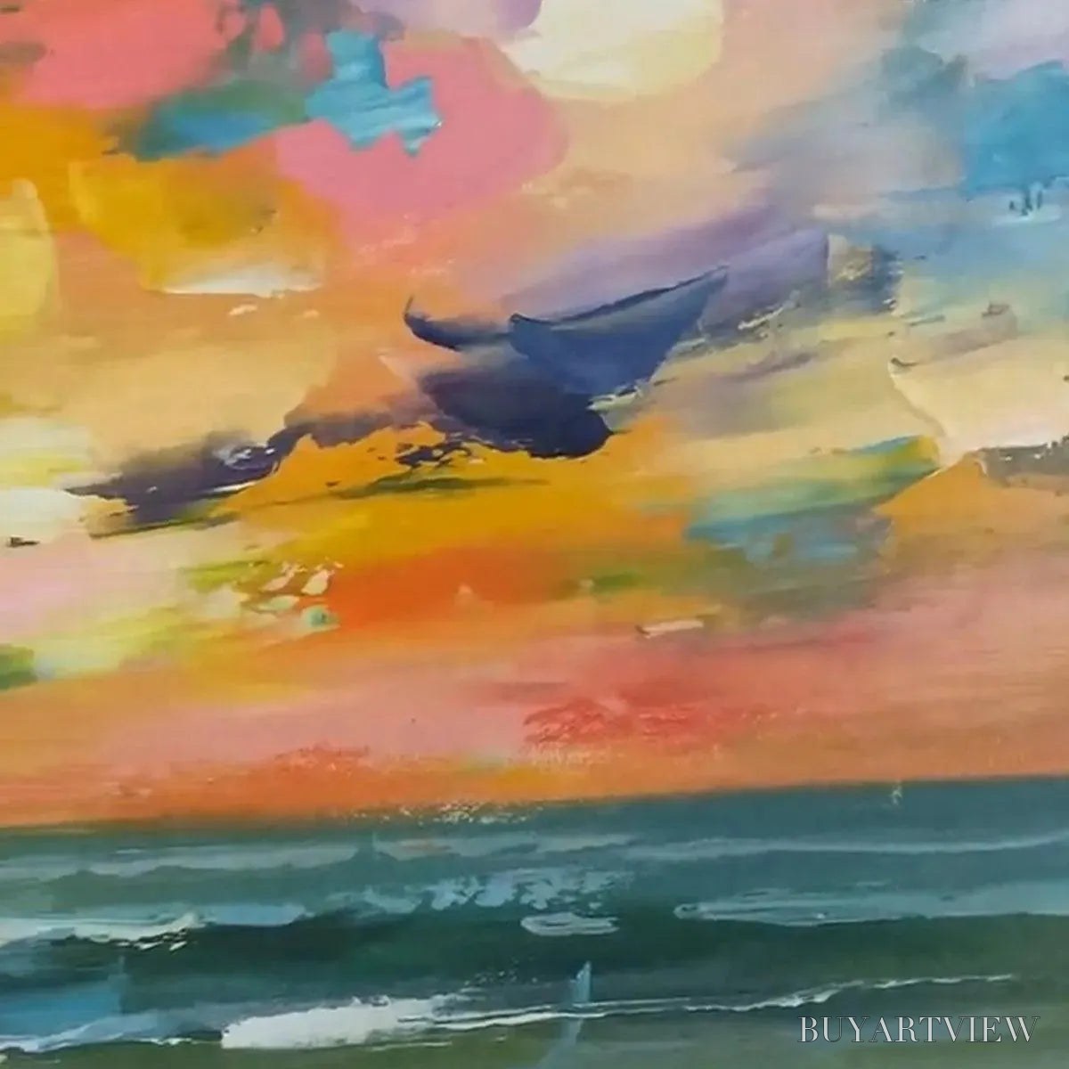 BUYARTVIEW Seaside Sunset Serenade – Ocean Painting, Impasto Texture, Sunset Beach, Panoramic , Horizontal Canvas - image 3