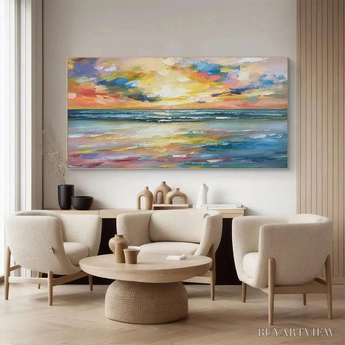 BUYARTVIEW Seaside Sunset Serenade – Ocean Painting, Impasto Texture, Sunset Beach, Panoramic , Horizontal Canvas - image 4