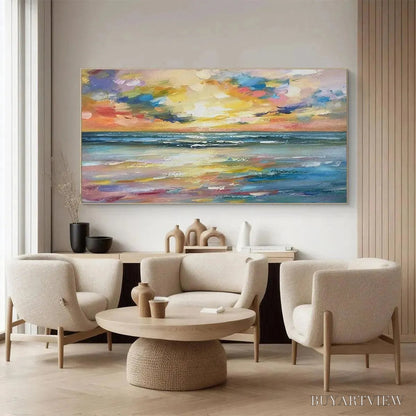 BUYARTVIEW Seaside Sunset Serenade – Ocean Painting, Impasto Texture, Sunset Beach, Panoramic , Horizontal Canvas - image 4