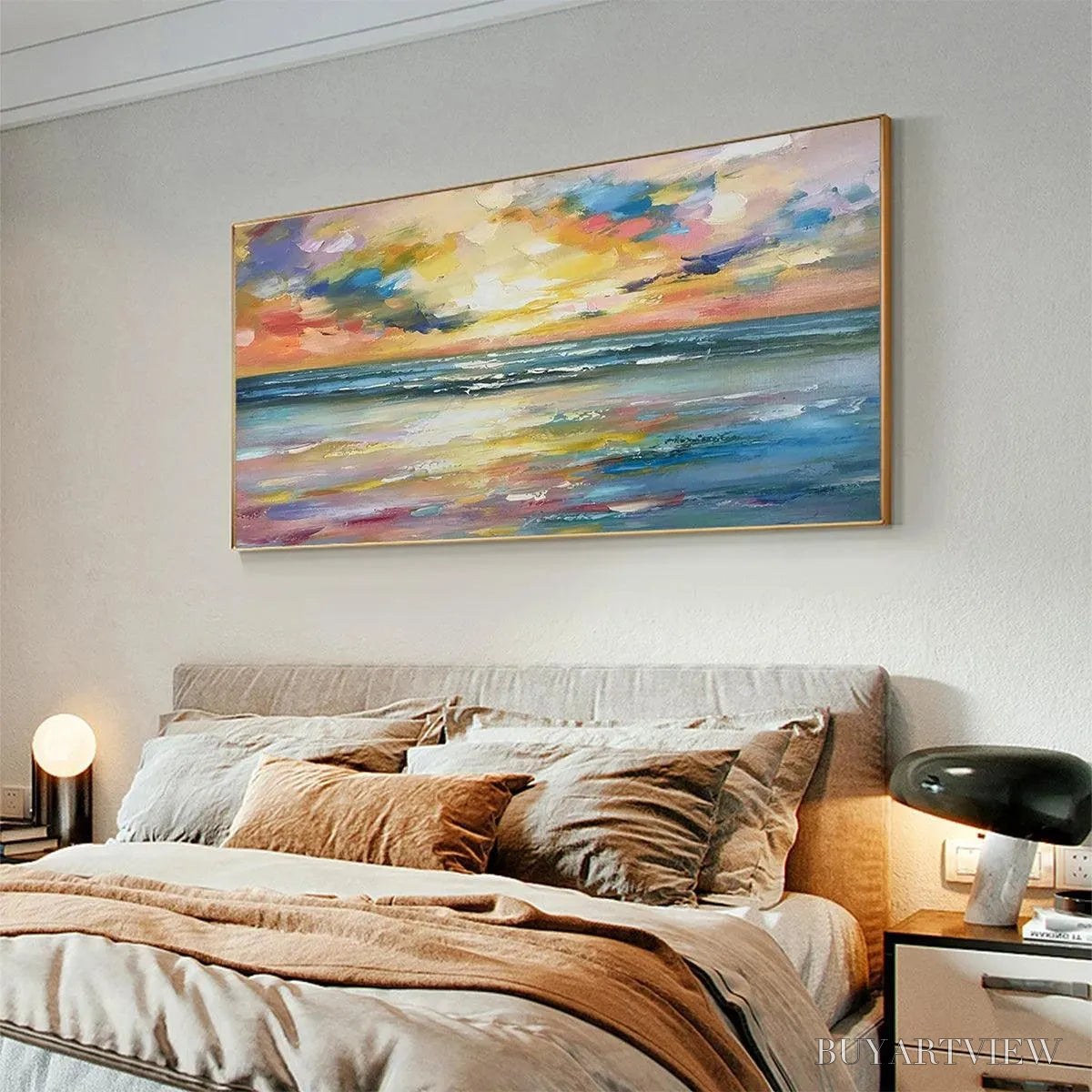 BUYARTVIEW Seaside Sunset Serenade – Ocean Painting, Impasto Texture, Sunset Beach, Panoramic , Horizontal Canvas - image 6