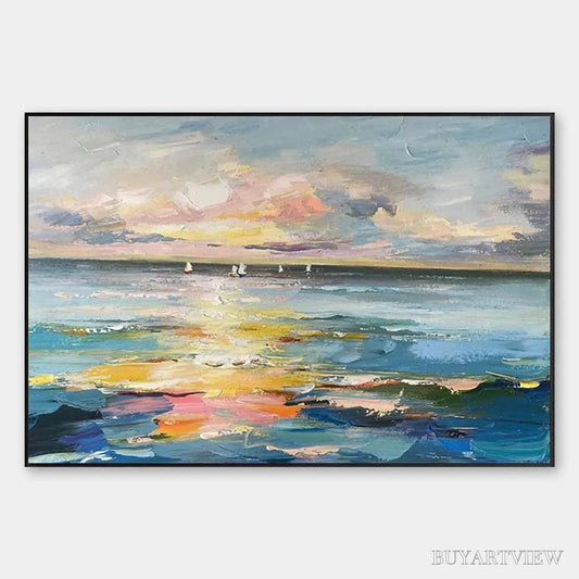 BUYARTVIEW Sunset Sail – Seascape Painting, Impasto Texture, Ocean View, Panoramic , Horizontal - image 1