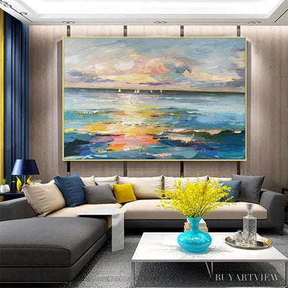 BUYARTVIEW Sunset Sail – Seascape Painting, Impasto Texture, Ocean View, Panoramic , Horizontal - image 2