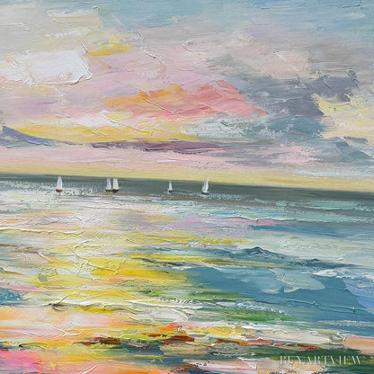 BUYARTVIEW Sunset Sail – Seascape Painting, Impasto Texture, Ocean View, Panoramic , Horizontal - image 3