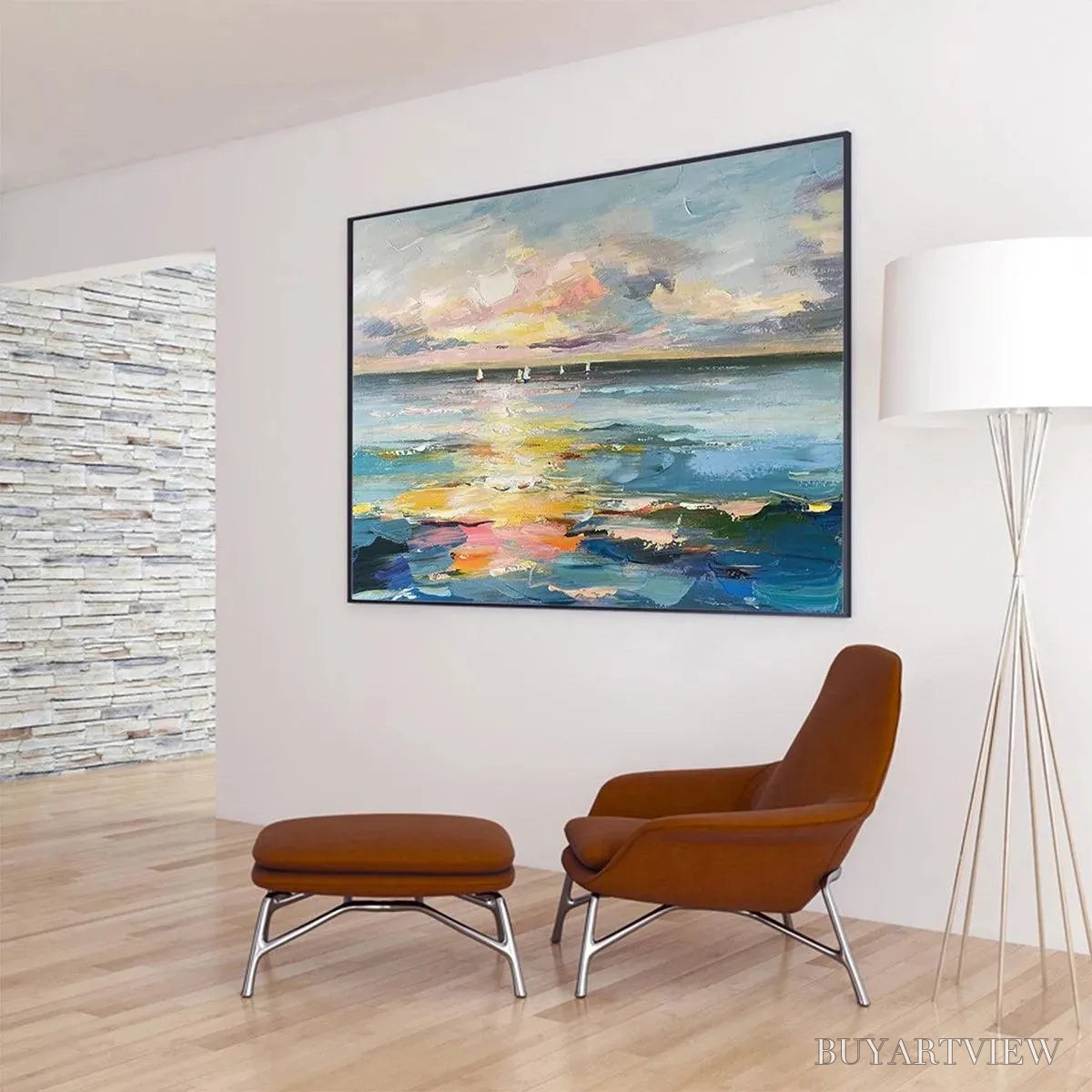 BUYARTVIEW Sunset Sail – Seascape Painting, Impasto Texture, Ocean View, Panoramic , Horizontal - image 4