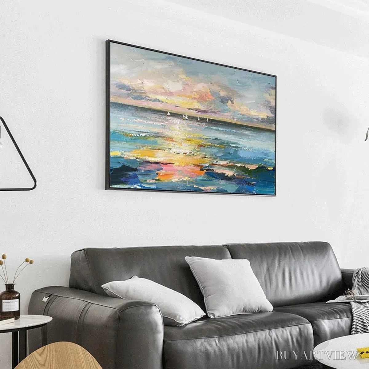 BUYARTVIEW Sunset Sail – Seascape Painting, Impasto Texture, Ocean View, Panoramic , Horizontal - image 5