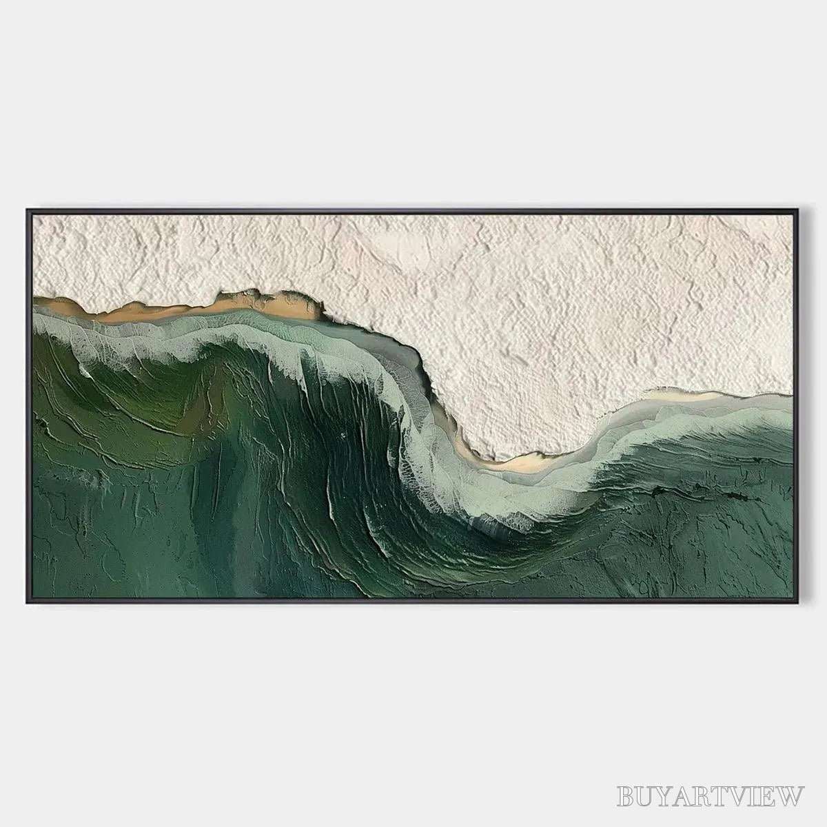 BUYARTVIEW Emerald Depths – Textured Abstract Seascape Painting, Green and White , Panoramic Canvas, Coastal Decor - image 1