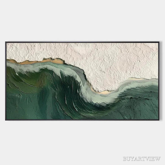 BUYARTVIEW Emerald Depths – Textured Abstract Seascape Painting, Green and White , Panoramic Canvas, Coastal Decor - image 1