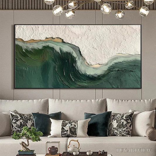 BUYARTVIEW Emerald Depths – Textured Abstract Seascape Painting, Green and White , Panoramic Canvas, Coastal Decor - image 2