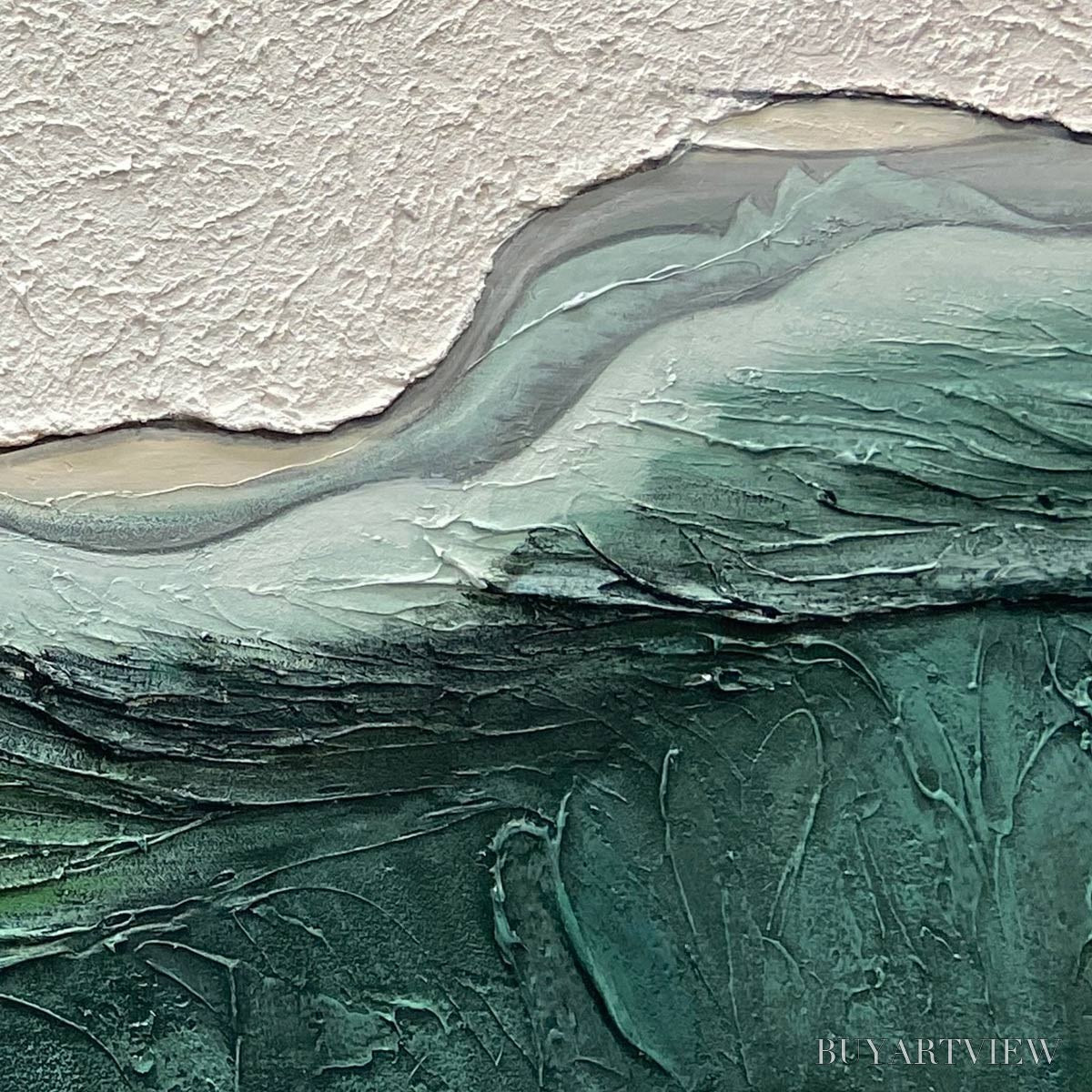 BUYARTVIEW Emerald Depths – Textured Abstract Seascape Painting, Green and White , Panoramic Canvas, Coastal Decor - image 3