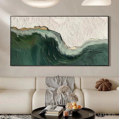 BUYARTVIEW Emerald Depths – Textured Abstract Seascape Painting, Green and White , Panoramic Canvas, Coastal Decor - image 4