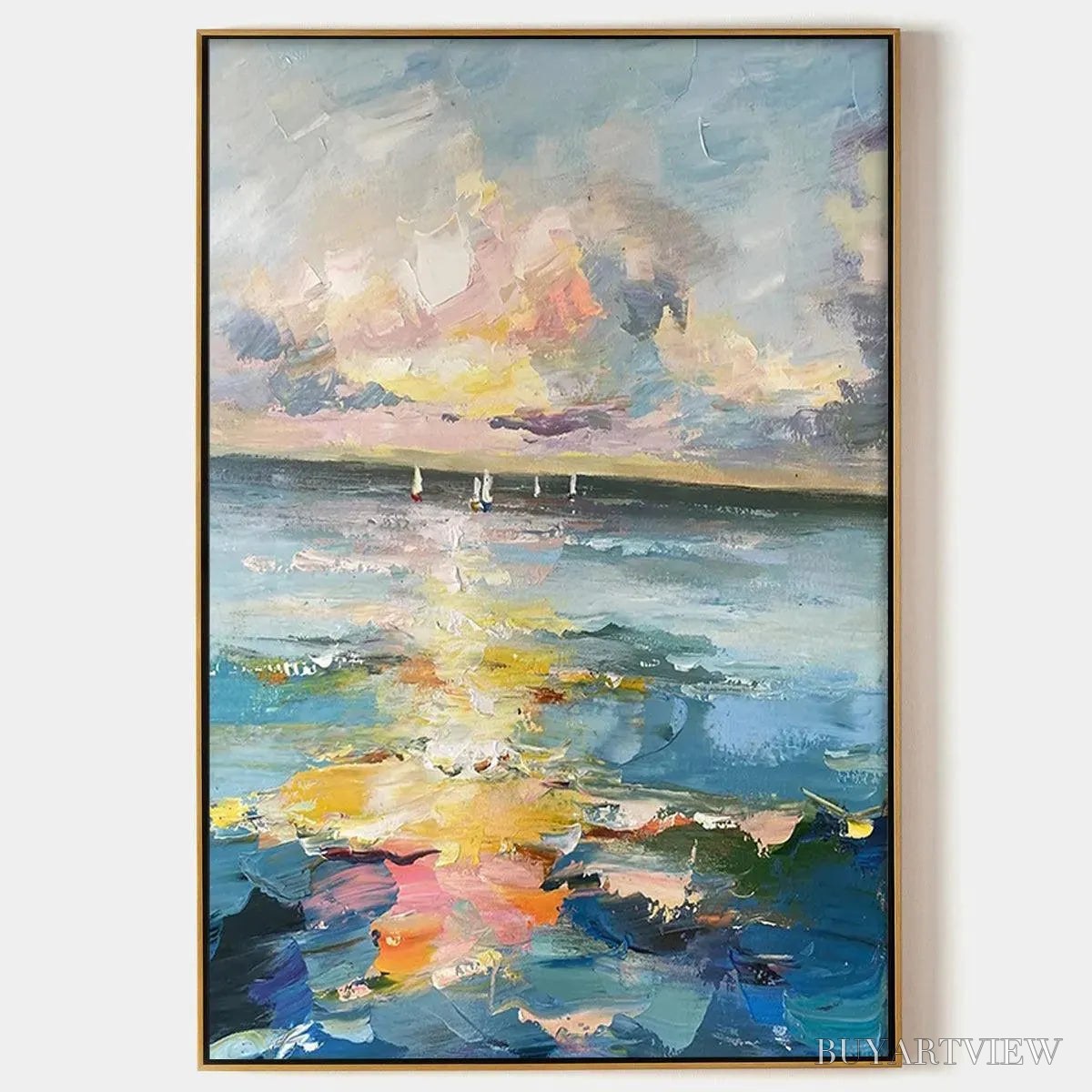BUYARTVIEW Sailboats At Sunset – Seascape Painting, Impasto, Textured , Ocean Sunset, Vertical - image 1