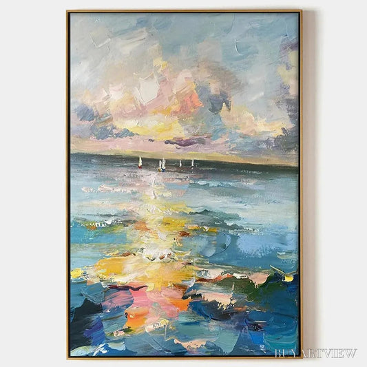 BUYARTVIEW Sailboats At Sunset – Seascape Painting, Impasto, Textured , Ocean Sunset, Vertical - image 1