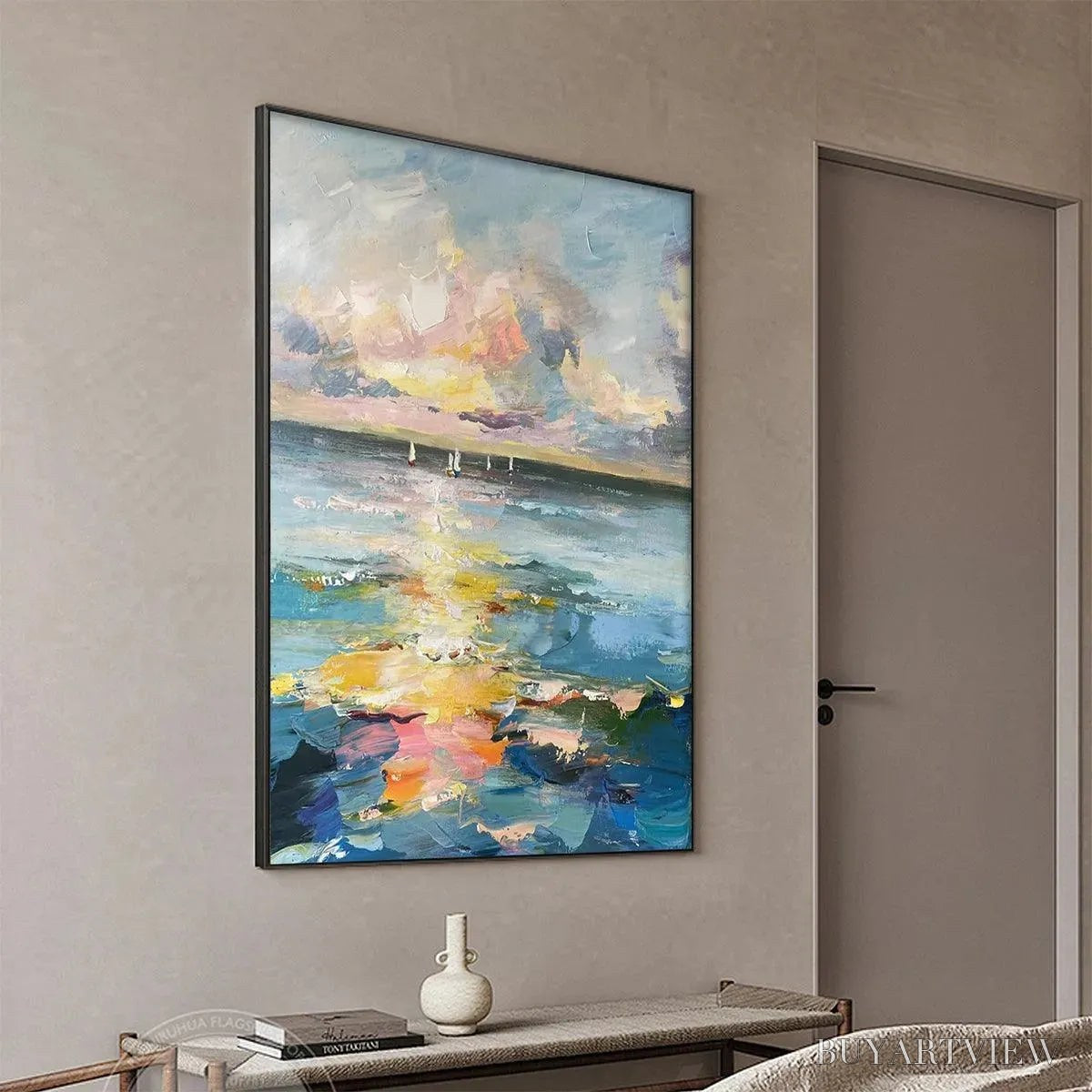 BUYARTVIEW Sailboats At Sunset – Seascape Painting, Impasto, Textured , Ocean Sunset, Vertical - image 4