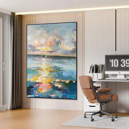 BUYARTVIEW Sailboats At Sunset – Seascape Painting, Impasto, Textured , Ocean Sunset, Vertical - image 5