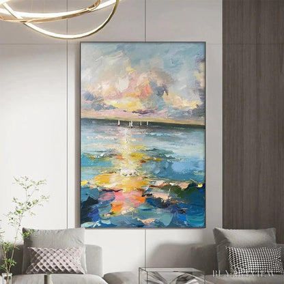 BUYARTVIEW Sailboats At Sunset – Seascape Painting, Impasto, Textured , Ocean Sunset, Vertical - image 6