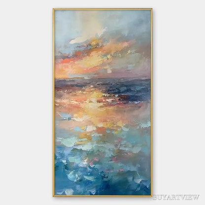 BUYARTVIEW Golden Hour Seascape – Ocean Painting, Sunset , Impasto Texture, Vertical Canvas - image 1