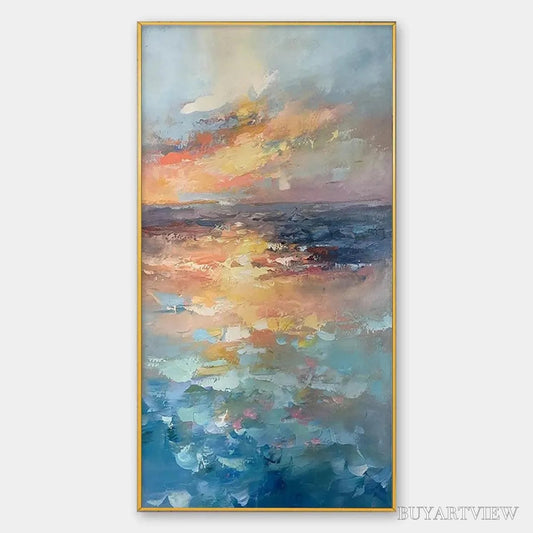 BUYARTVIEW Golden Hour Seascape – Ocean Painting, Sunset , Impasto Texture, Vertical Canvas - image 1