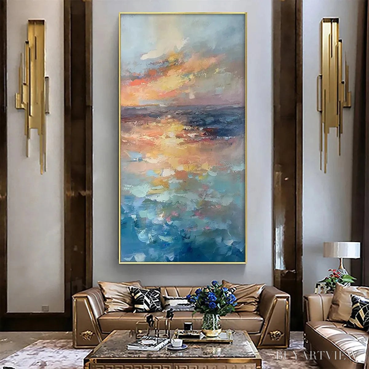 BUYARTVIEW Golden Hour Seascape – Ocean Painting, Sunset , Impasto Texture, Vertical Canvas - image 2