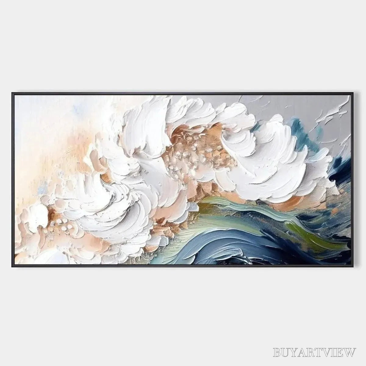 BUYARTVIEW Ocean Whispers – Textured Abstract Seascape Painting, White and Blue , Panoramic Canvas, Coastal Decor - image 1