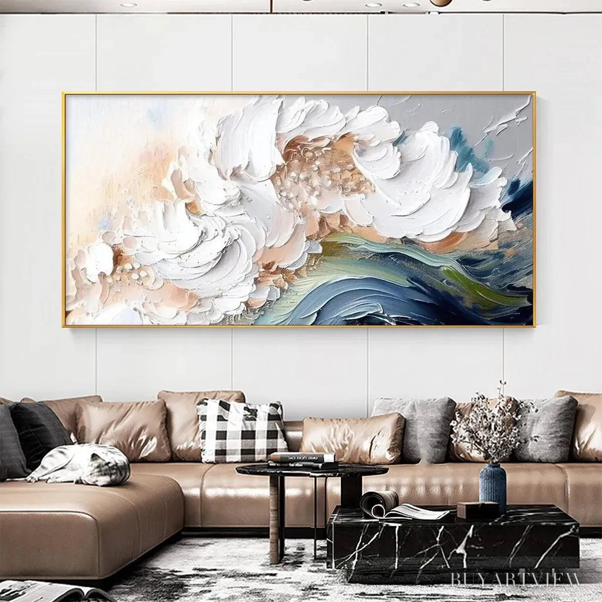 BUYARTVIEW Ocean Whispers – Textured Abstract Seascape Painting, White and Blue , Panoramic Canvas, Coastal Decor - image 2