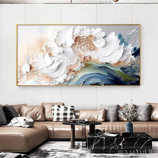 BUYARTVIEW Ocean Whispers – Textured Abstract Seascape Painting, White and Blue , Panoramic Canvas, Coastal Decor - image 2